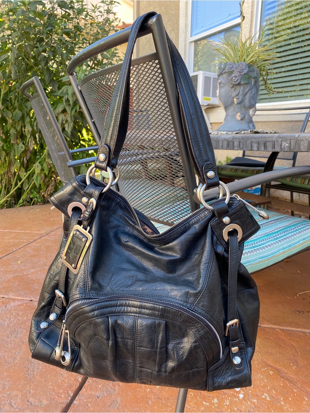 b. makowsky Black Leather Shoulder Bag with Silver Hardware